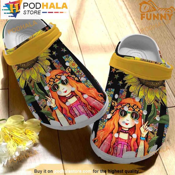 Beautiful Hippie Girl Sunflower 3D Crocs, Funny Crocs