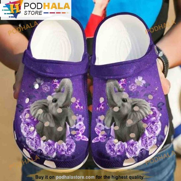 Beautiful Purple Flowers Elephant 3D Crocs, Funny Crocs
