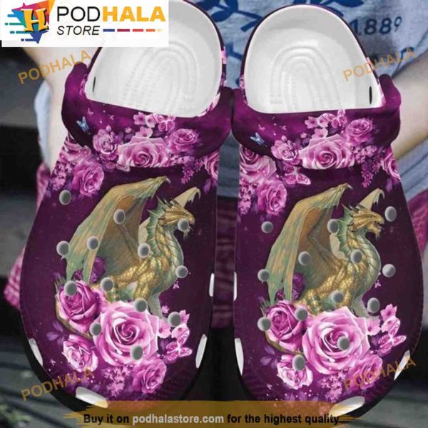 Beautiful Purple Roses Dragon 3D Crocs, Funny Crocs
