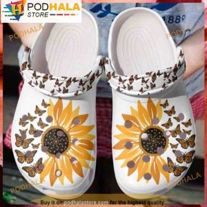 Beautiful Sunflower Flock Of Butterflies Floral 3D Crocs, Funny Crocs