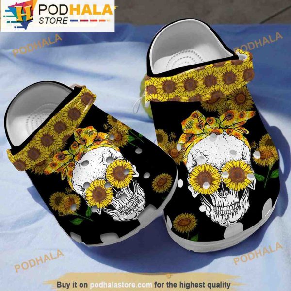 Beautiful Sunflower Skull Gifts 3D Crocs Slippers, Funny Crocs