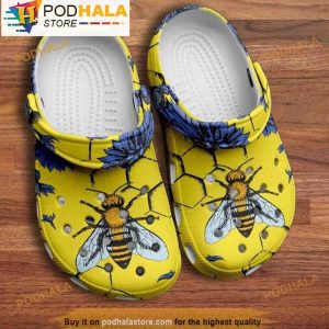 Bee Sunflower Blue Floral 3D Crocs, Funny Crocs