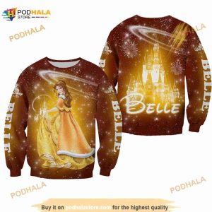 Belle Princess Castle Fireworks Brown Disney 3D Funny Ugly Sweater