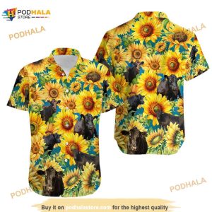 Black Angus Cattle Lovers Sunflower Hawaiian Shirt, Cow Flower Aloha Shirt