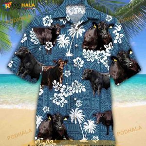Black Angus Cow Hibiscus Unisex Hawaiian Shirt, Gift For Black Angus Cow Lovers