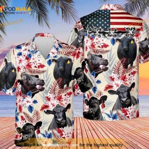 Black Angus Cow Tropical Hawaii Shirt, American Flag Cattle Hawaiian Shirt