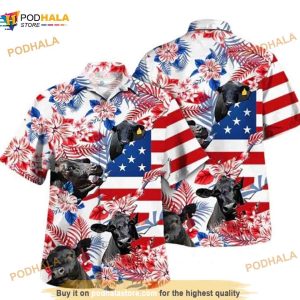 Black Angus In American Flag Pattern Tropical Flower Hawaiian Shirt, Funny 4th July Gift