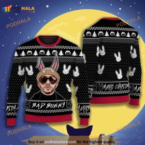 Black BAD BUNNY Happy Christmas Ugly Sweater, Xmas 3D Gift