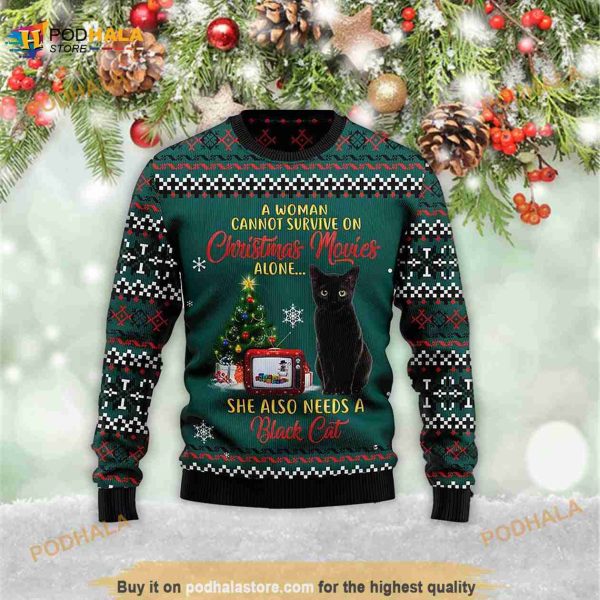 Black Cat Christmas Movie 3D Ugly Meowy Christmas 3D Ugly Sweater