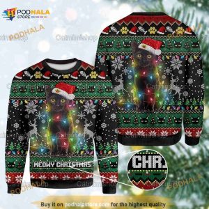 Black Cat Christmas Sweater, Black Cat Christmas Light Sweater, Xmas Gift