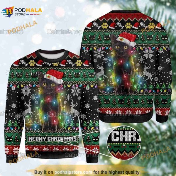 Black Cat Christmas Sweater, Black Cat Christmas Light Sweater, Xmas Gift