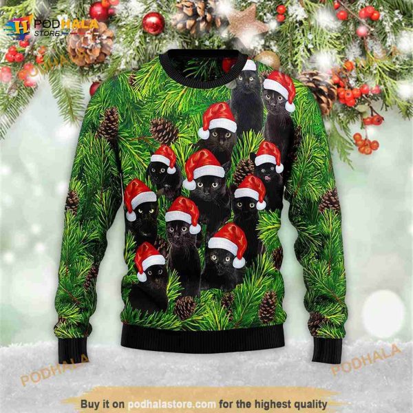 Black Cat Christmas Tree 3D Ugly Meowy Christmas 3D Ugly Sweater