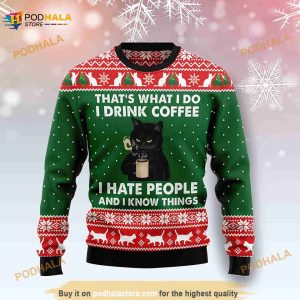 Black Cat Drink Coffee I Hate People Xmas 3D Ugly Sweater