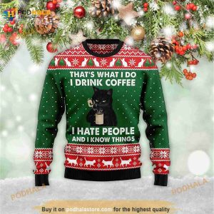 Black Cat Drink Coffee Xmas Gifts 3D Ugly Meowy Christmas 3D Ugly Sweater