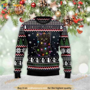 Black Cat Fluffmas Best Xmas Gift 3D Ugly Meowy Christmas 3D Ugly Sweater