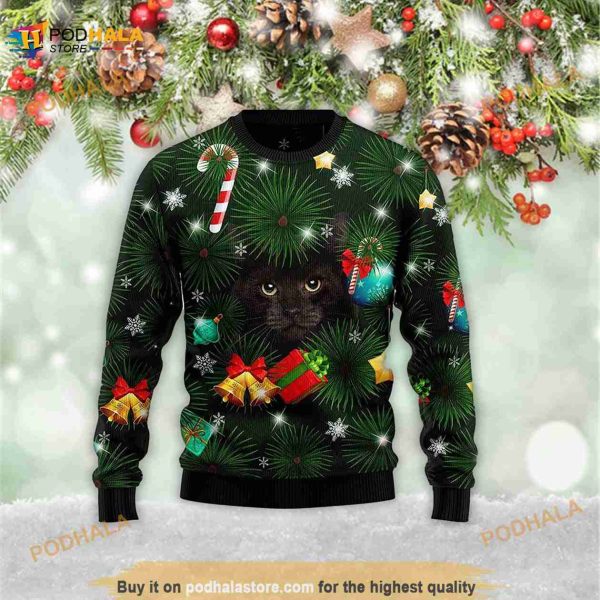 Black Cat Inside Tree 3D Meowy Christmas 3D Ugly Sweater