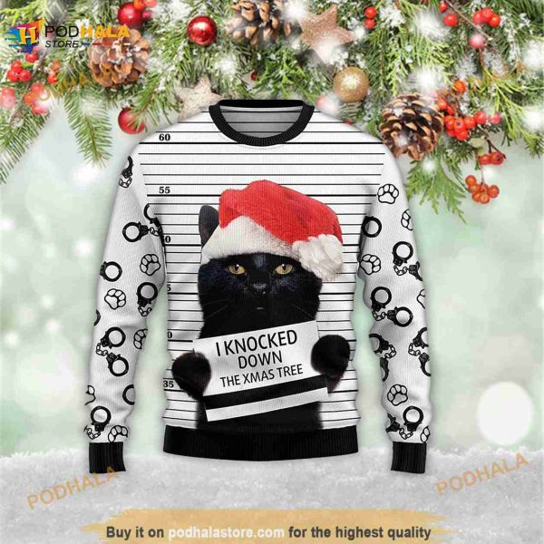 Black Cat Knocked Down Xmas Tree 3D Ugly Sweater