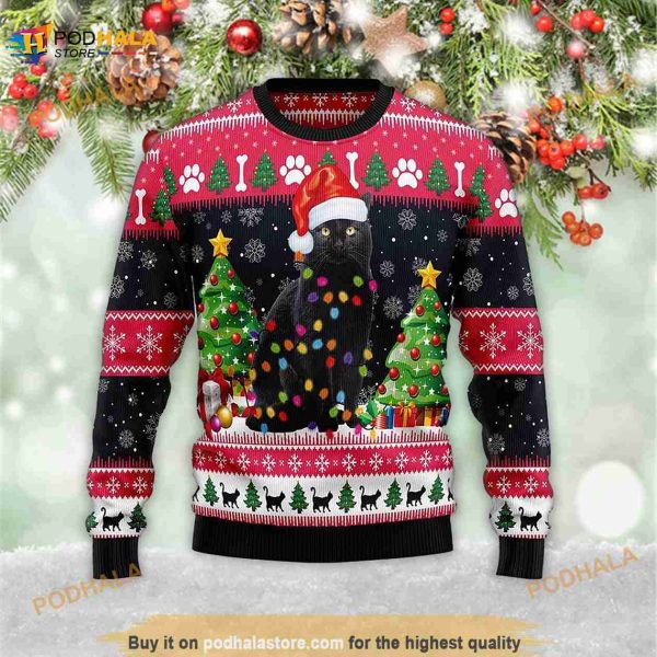 Black Cat Light Best Xmas Gifts 3D Meowy Christmas Ugly Sweater