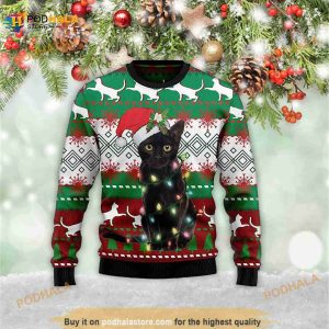 Black Cat Light Christmas Meowy Christmas 3D Ugly Sweater