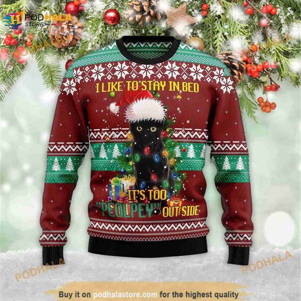 Black Cat Like Stay To In Bed Xmas 3D Ugly Meowy Christmas 3D Ugly Sweater