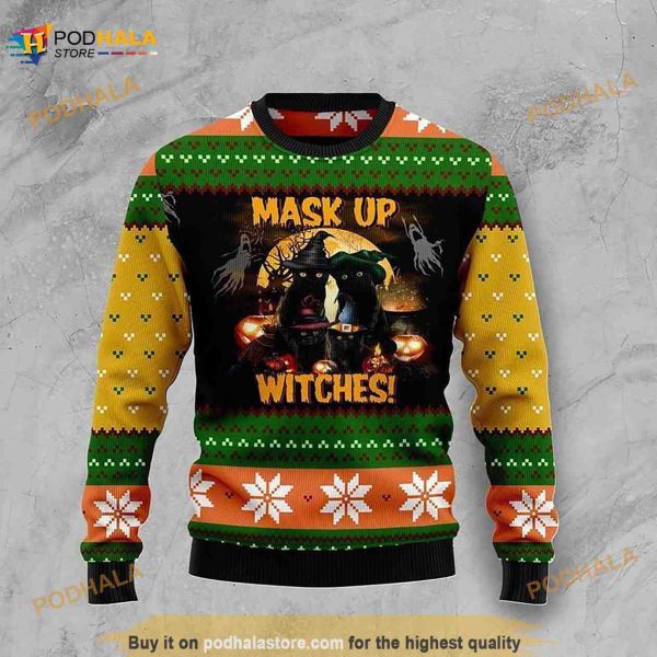 Black Cat Mask Up Witches 3D Ugly Christmas Sweater