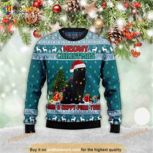 Black Cat Meomy Xmas And A Happy Purr Year 3D Meowy 3D Ugly Sweater