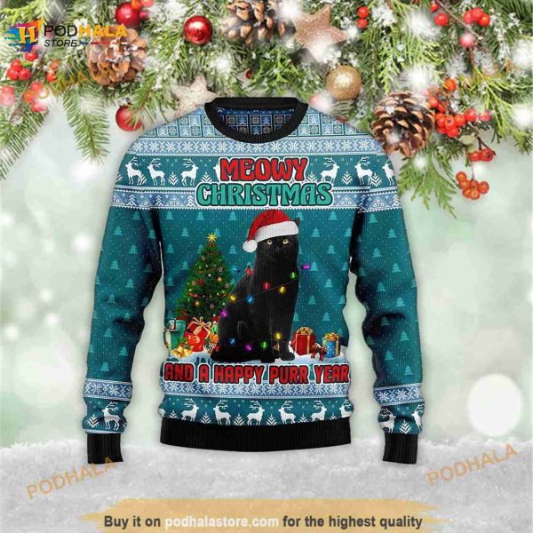 Black Cat Meomy Xmas And A Happy Purr Year 3D Meowy 3D Ugly Sweater