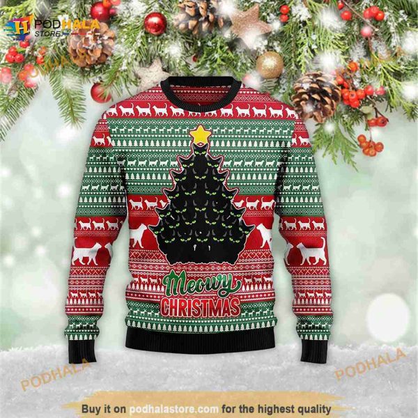 Black Cat Meowy Christmas Tree Best Xmas Gifts 3D Meowy Xmas 3D Ugly Sweater