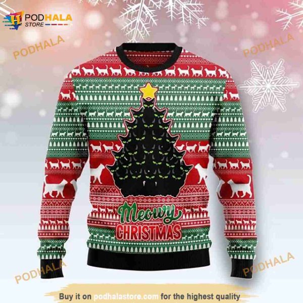 Black Cat Meowy Christmas Tree Ugly Xmas Sweater