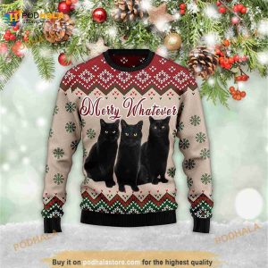 Black Cat Merry Whatever Snowflower 3D Meowy Christmas Sweater