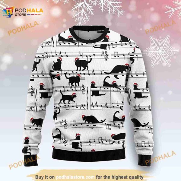 Black Cat Music Notes Christmas Ugly Sweater