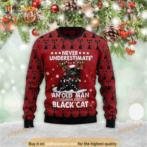 Black Cat Old Man Best Xmas Gifts 3D Meowy Xmas 3D Ugly Sweater