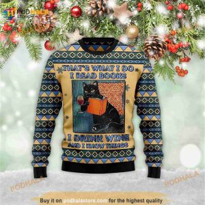 Black Cat Read Books Drink Wine Know Things Awesome 3D Ugly Sweater