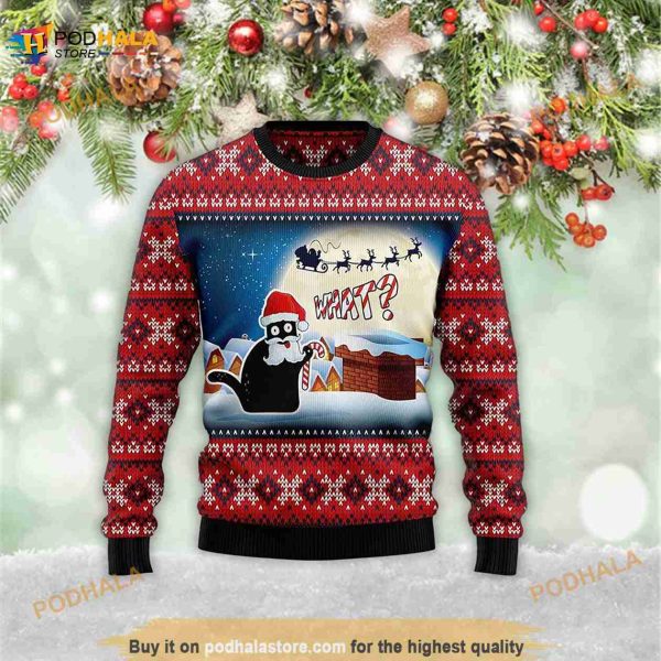 Black Cat Santa What Xmas 3D Meowy Christmas Ugly Sweater