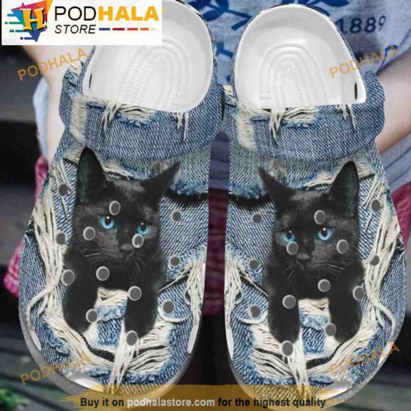 Black Cat Scratch Jean Cat 3D Crocs, Funny Crocs