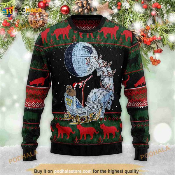 Black Cat Sleigh To Death Star Best 3D Ugly Sweater