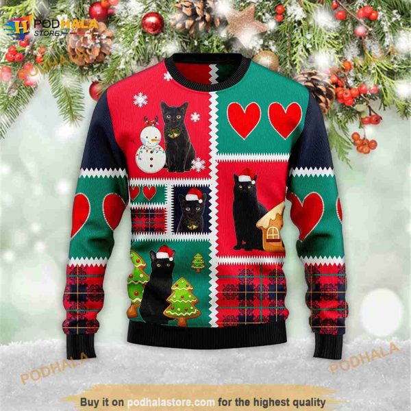 Black Cat Snow Best Xmas Gifts 3D Meowy Christmas Ugly Sweater