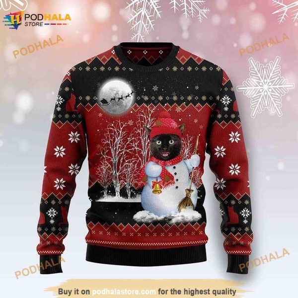 Black Cat Snowman 3D Ugly Christmas Sweater