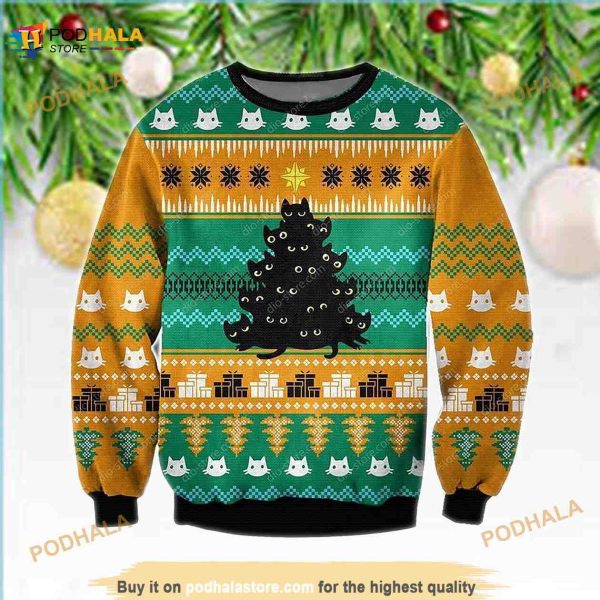Black Cat Tree Meowy Ugly Christmas Orange Sweater, Tree Meowy Ugly Xmas