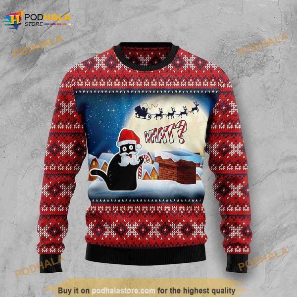 Black Cat What Chimney 3D Ugly Christmas Sweater