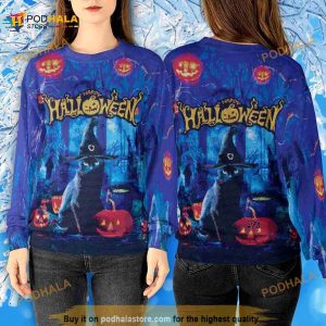 Black Cat Witch Happy Halloween 3D Ugly Sweater