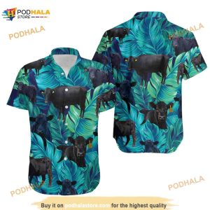 Black Cow Leafy Hawaiian Shirt, Black Angus Cow Aloha Shirt