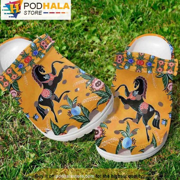 Black Horse Floral 3D Crocs, Funny Crocs