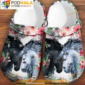 Black White Horse Floral 3D Crocs, Funny Crocs