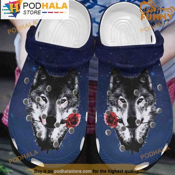 Black Wolf Red Rose 3D Crocs, Funny Crocs