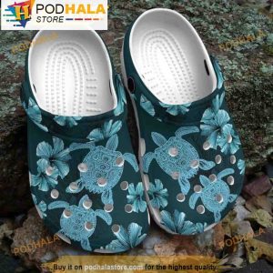 Blue Sea Turtle With Blue Floral 3D Crocs, Funny Crocs