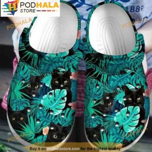 Blue Tropical Leaves Happy National Black Cat 3D Crocs, Funny Crocs