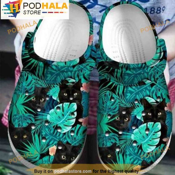 Blue Tropical Leaves Happy National Black Cat 3D Crocs, Funny Crocs