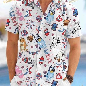 Bluey Family 3D Hawaiian Shirt,Bluey And Bingo 4th Of July Button Shirt
