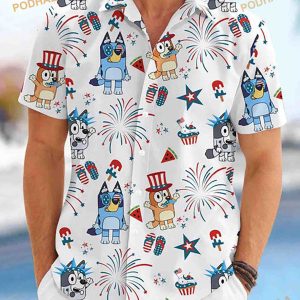 Bluey Family Print Beach Hawaii Shirt, Blueydad Cartoon 4th Of July Shirt